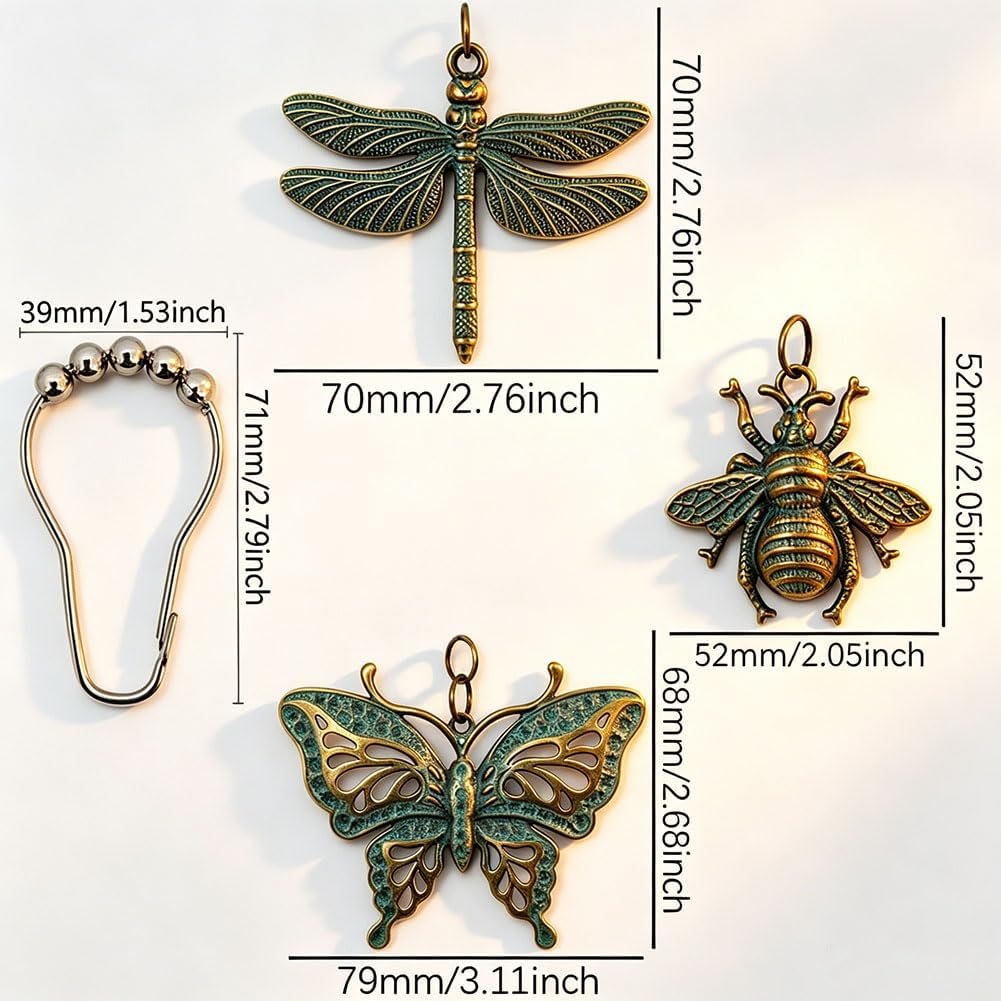 12 Antique Green Insect-Motif Shower Curtain Hooks - Image 2