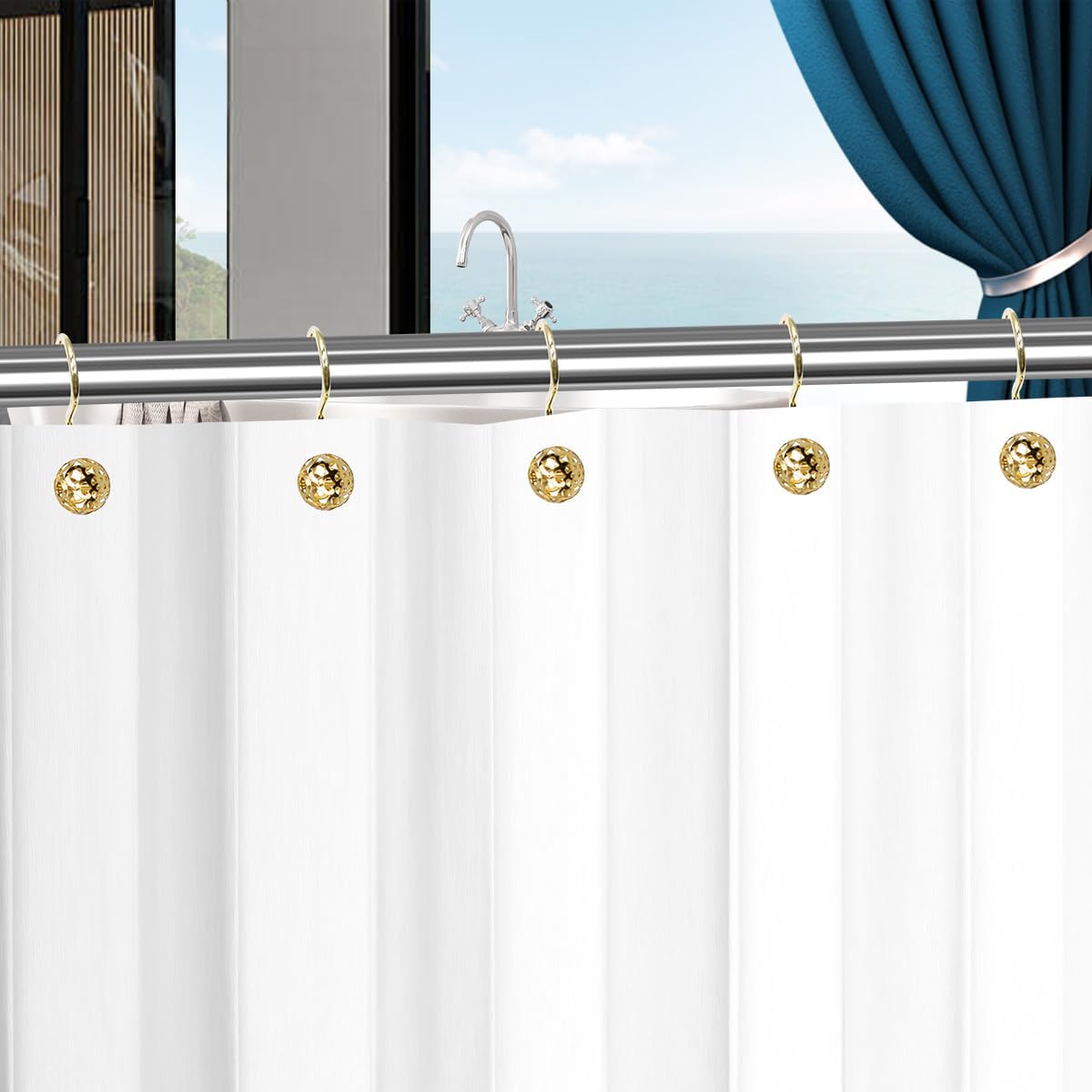 12 Gold Hollow-Ball Stainless Steel Shower Curtain Rings
