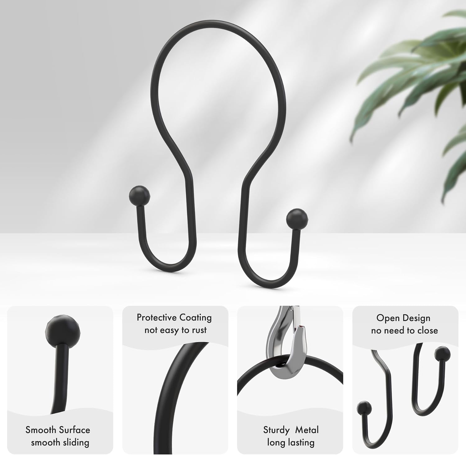 12 Black Metal Simple Double-Hook Shower Curtain Rings - Image 2