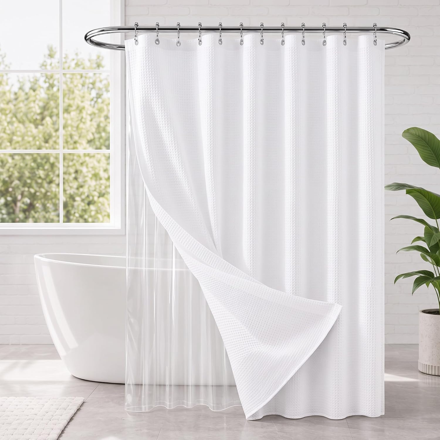 White Waffle Curtain and Liner Set with Hooks