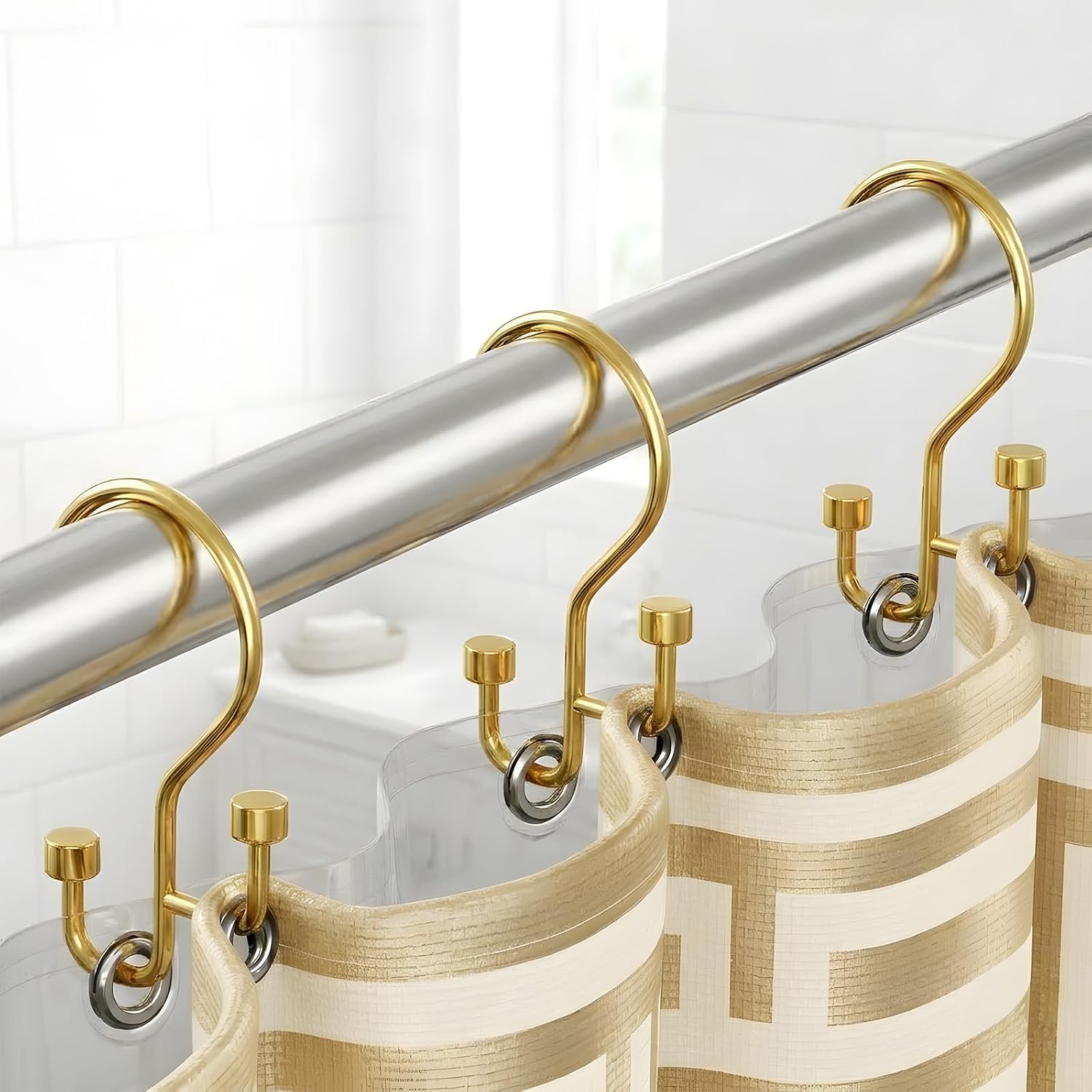 12 Gold Metal High-Low Double Shower Curtain Hooks