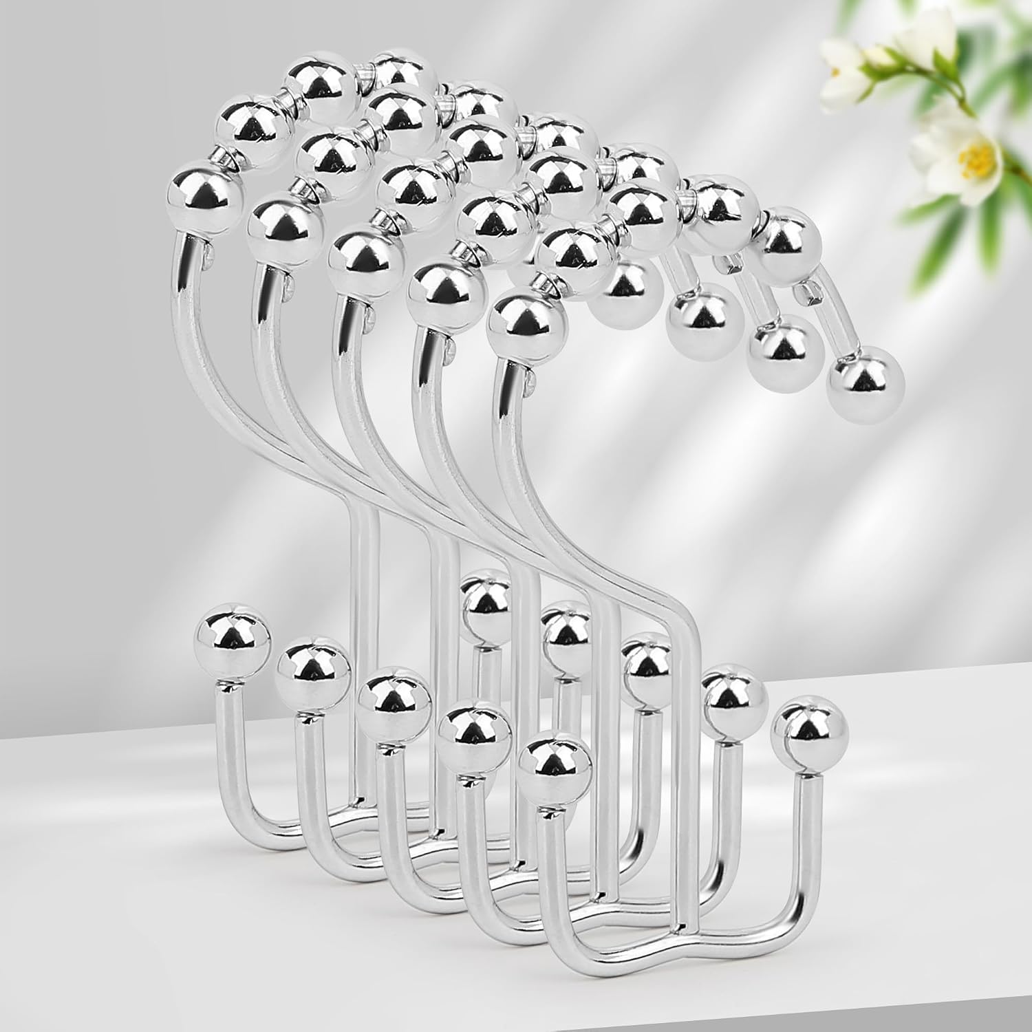 12 Chrome-Finish Metal Double Shower Curtain Rings
