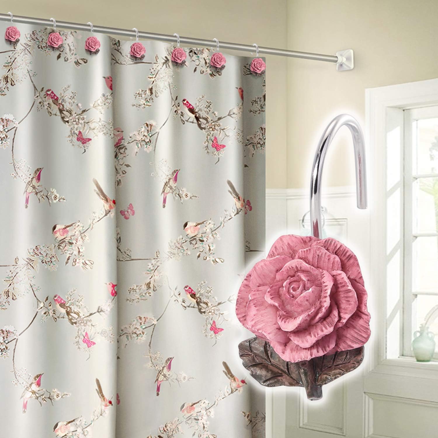 12 Decorative Rose-Style Shower Curtain Hooks