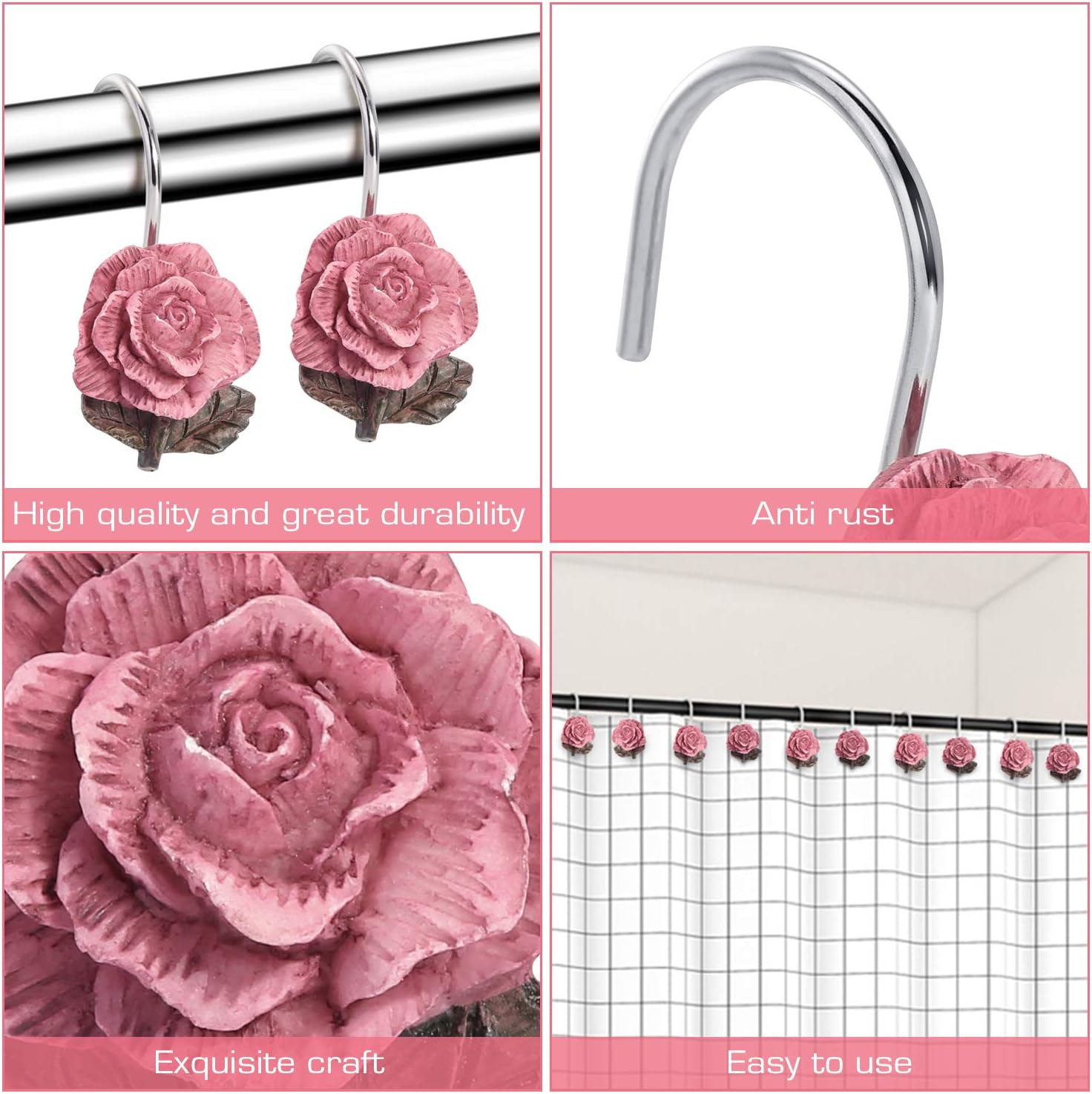 12 Decorative Rose-Style Shower Curtain Hooks - Image 2