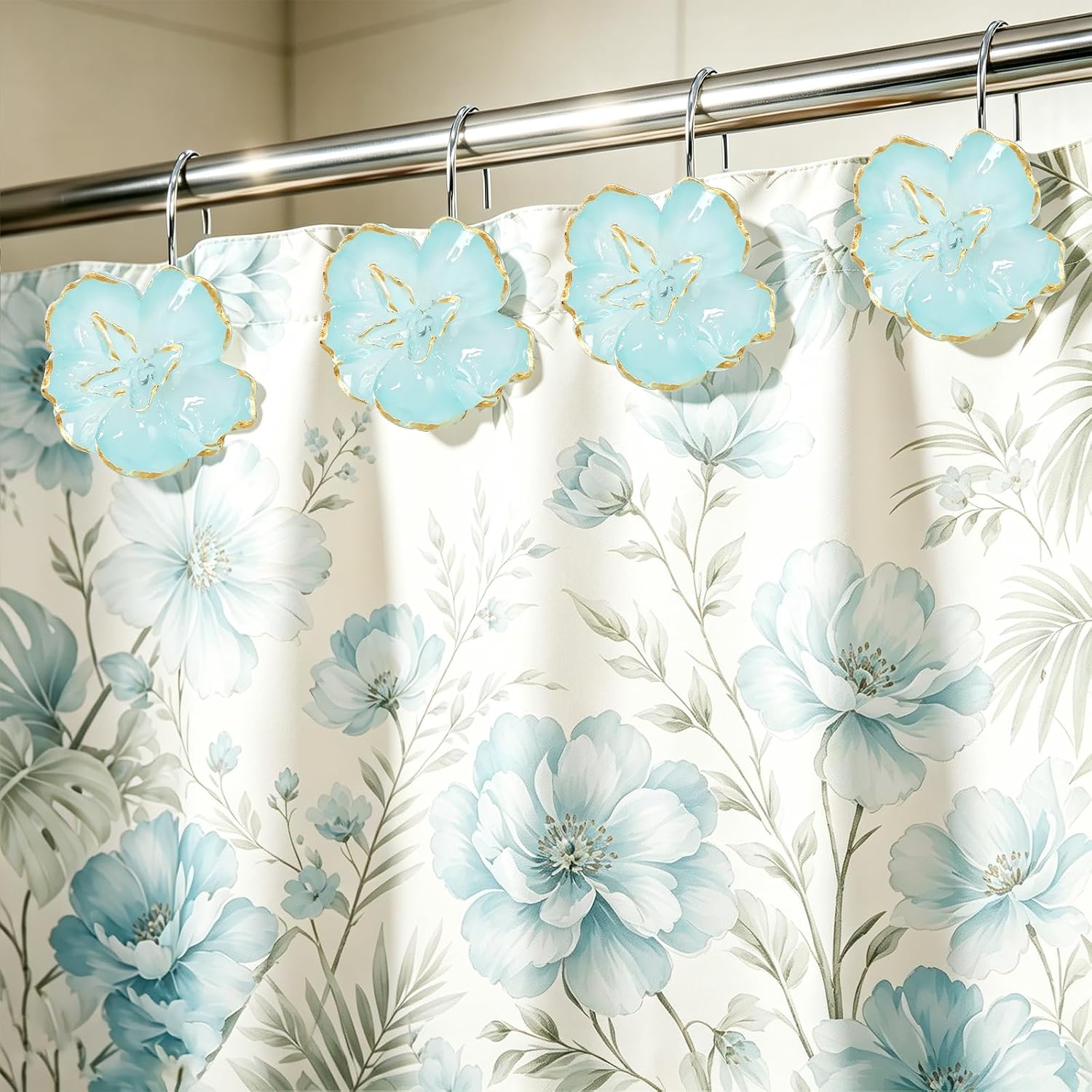 12 Blue Floral Shower Curtain Hooks