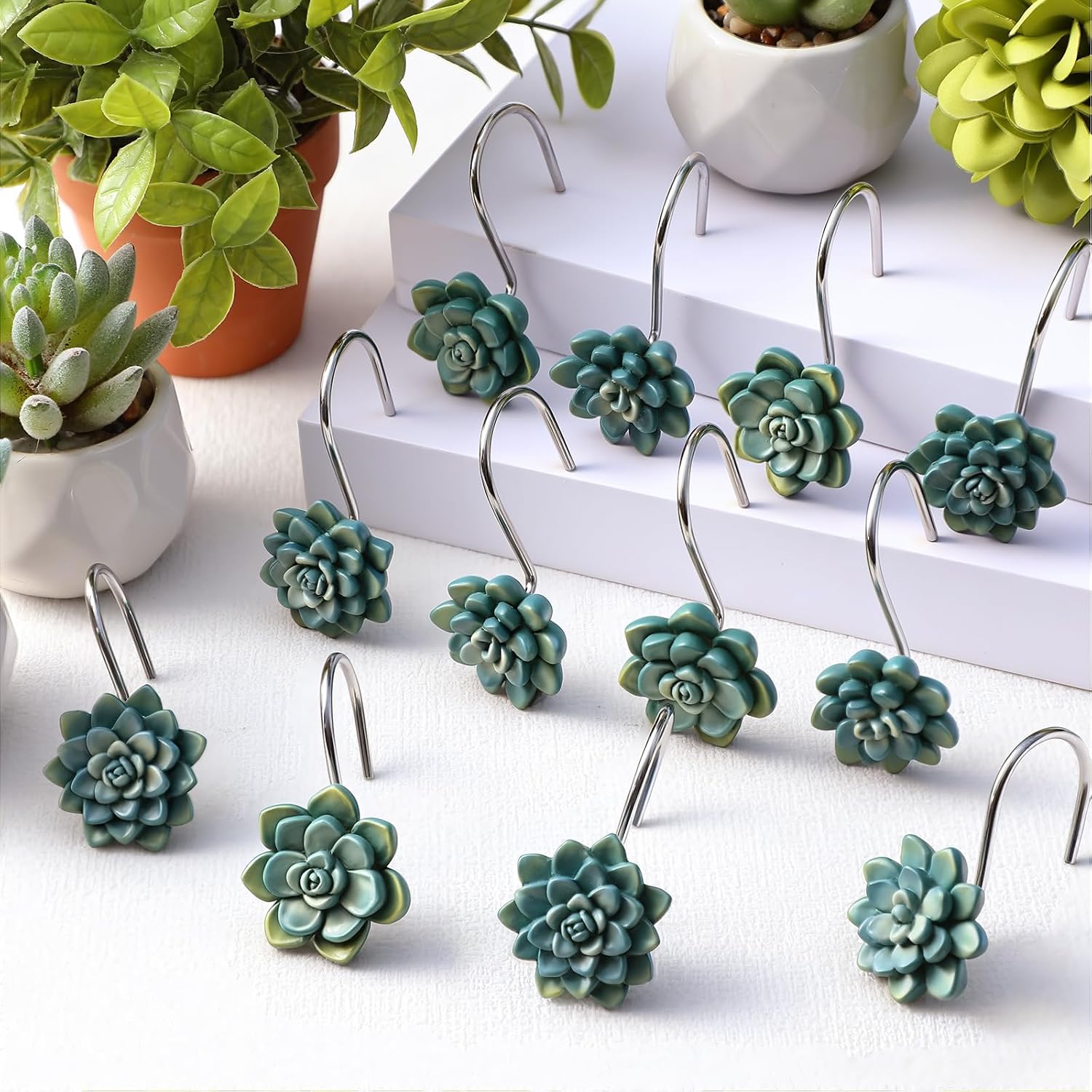 12 Green Succulent Resin Shower Curtain Hook Rings