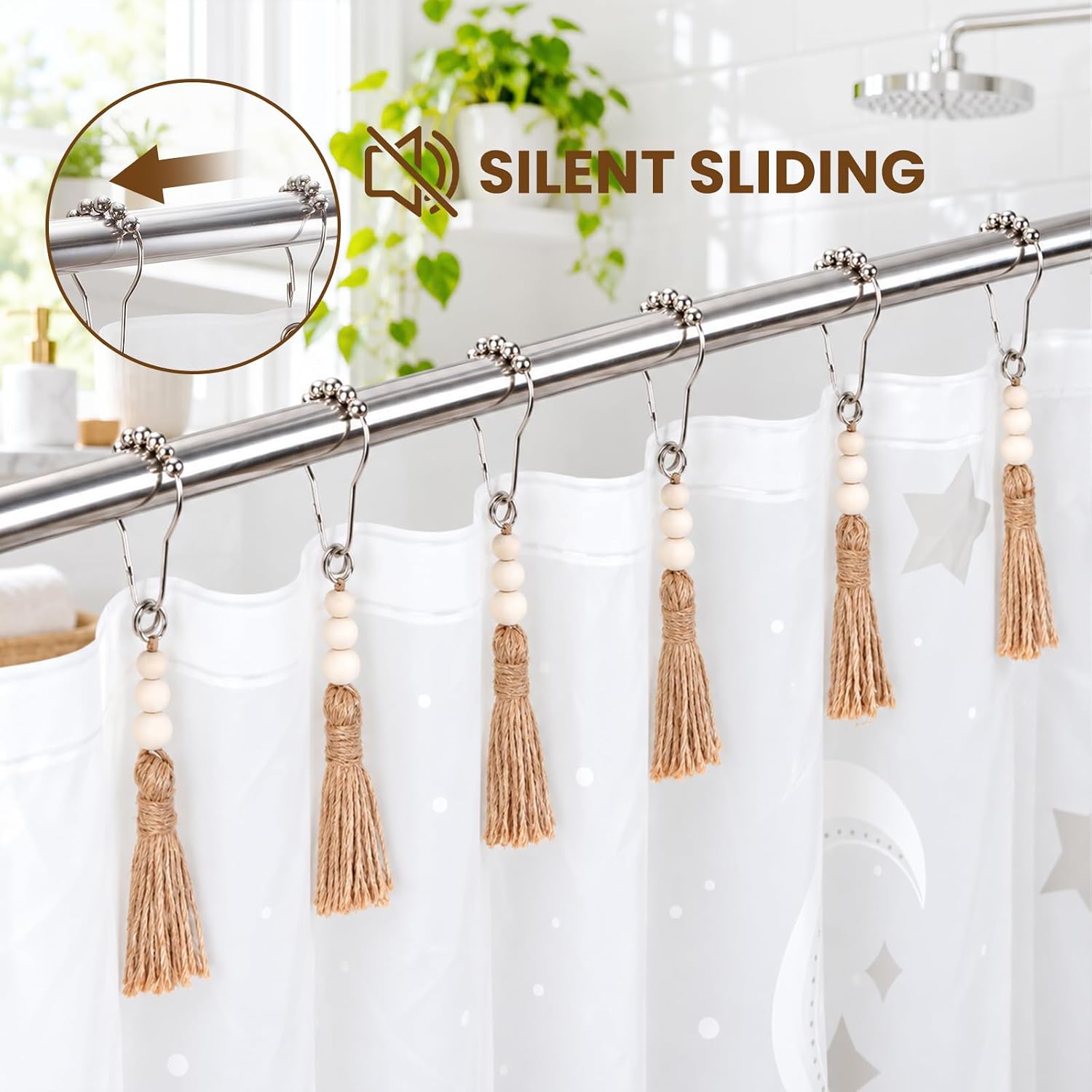 Ornamental Shower Curtain Hooks with Wood-Bead Tassels - Image 2