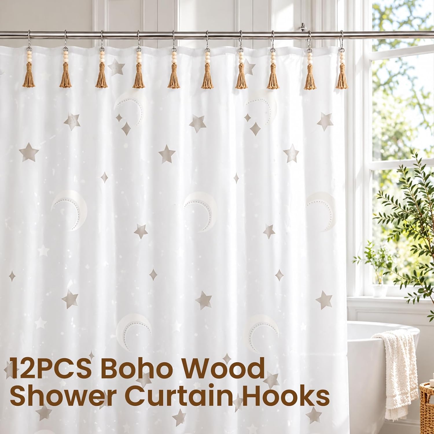 Ornamental Shower Curtain Hooks with Wood-Bead Tassels
