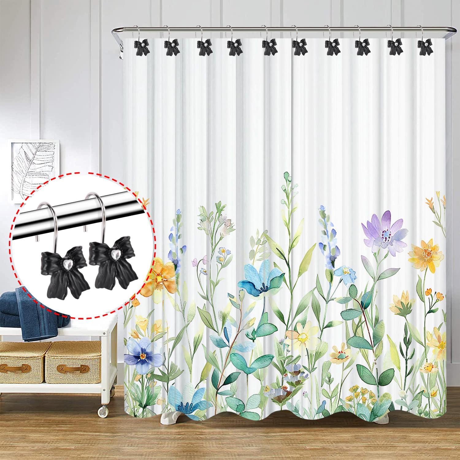 12 Black Bow Resin Shower Curtain Hook Rings
