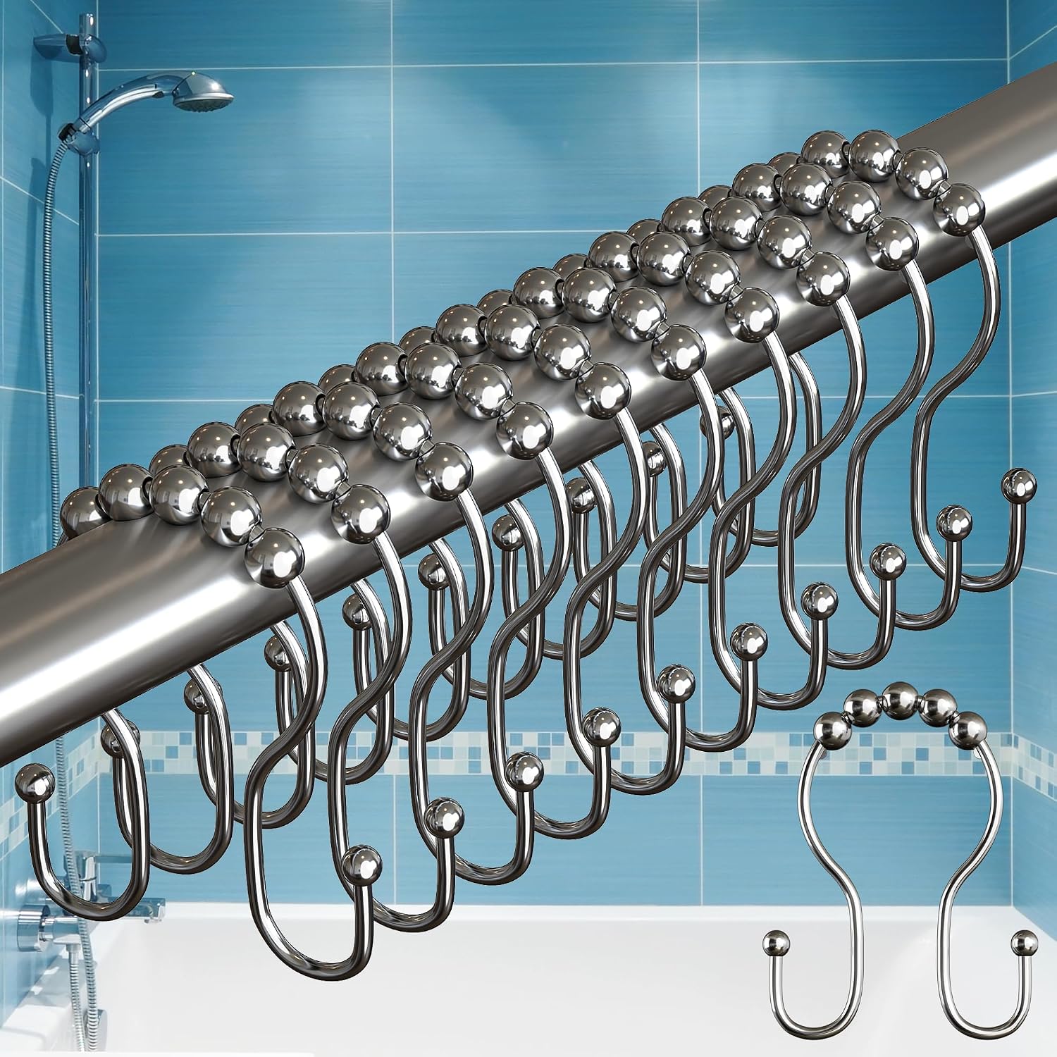 12 Nickel-Finish Stainless Steel Double Shower Curtain Hooks